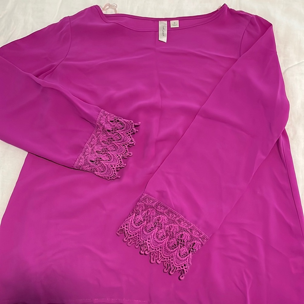 Purple blouse with lace detail on sleeves